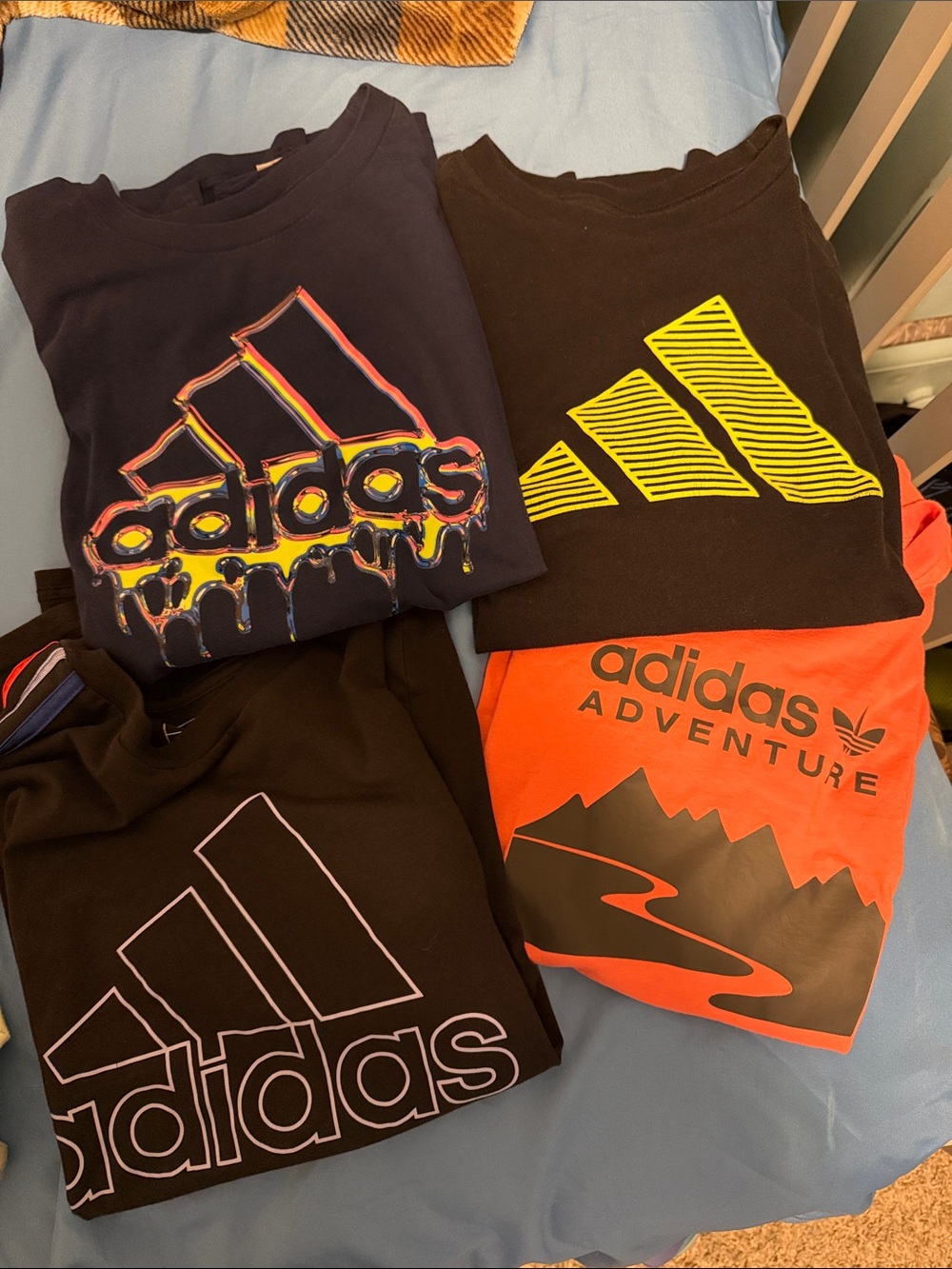 adidas Kids Short Sleeve Logo Tees in Black, Blue, and Orange